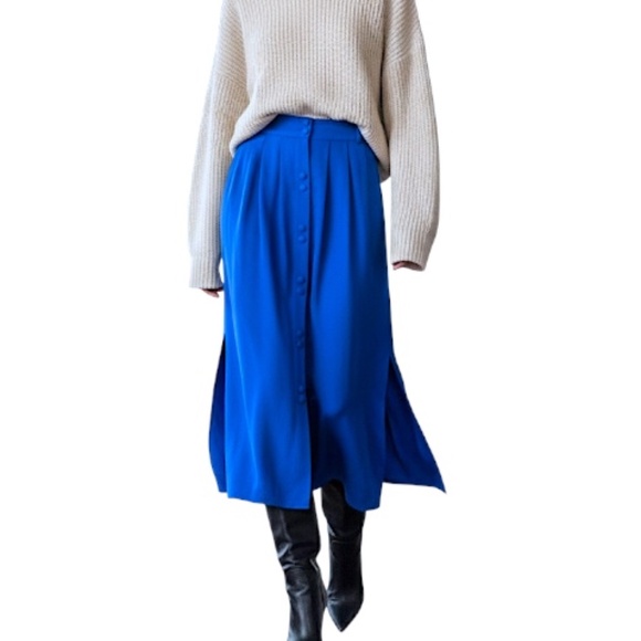 Vtg pure silk cobalt electric blue button front flowy old money midi skirt M - Picture 1 of 13